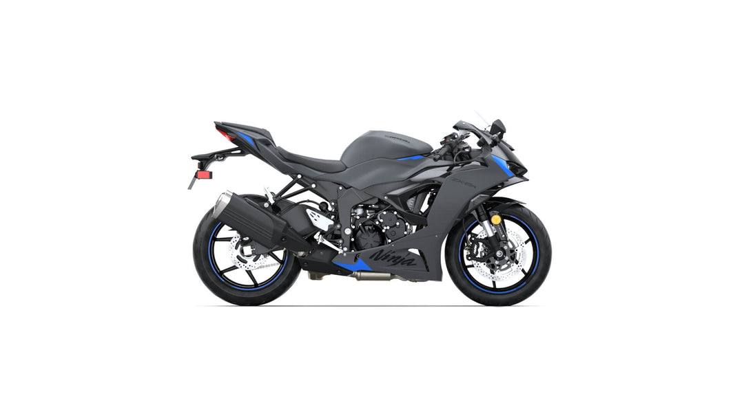 2025 Kawasaki Ninja ZX-6R in blue and black color, featuring an aerodynamic design, LED headlights, and a powerful 636cc engine. Perfect for both track and street riding.