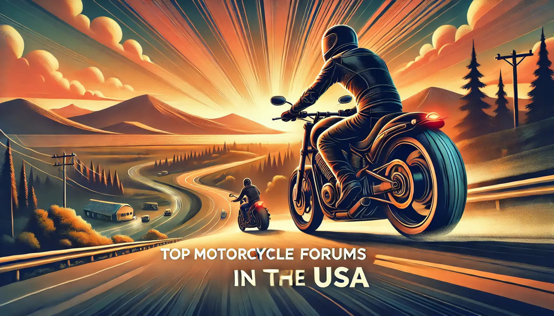 A motorcycle rider cruising on an open road at sunset, symbolizing adventure and community. The scenic background features mountains and a winding highway, reflecting the spirit of motorcycle forums