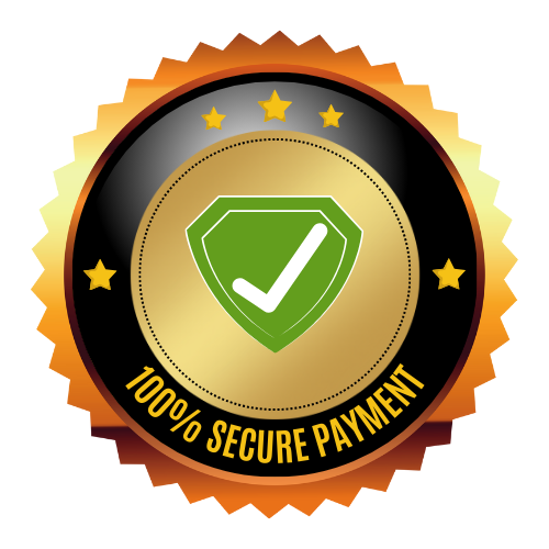 A gold and black circular badge with a green shield and white check mark in the center. The text 100% Secure Payment is displayed at the bottom in bold letters, surrounded by a star-studded border.