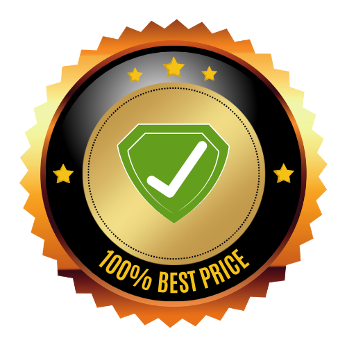 A gold and black badge with a green shield and white checkmark in the center. Surrounding the shield, gold text reads 100% Best Price, and five gold stars adorn the edges.