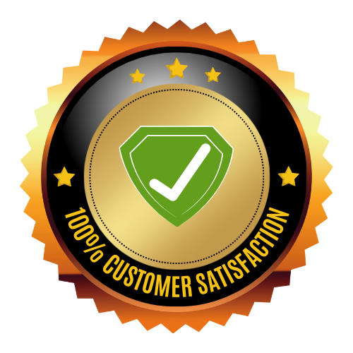 A golden badge with a black border highlights a green shield and white checkmark, surrounded by 100% Customer Satisfaction and four stars. Perfect for adding credibility alongside your motorcycle mat collection.