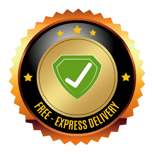 A gold and black badge features a green shield with a white checkmark in the center, similar to the assurance of a durable motorcycle mat. Stars decorate the top and bottom, with text at the bottom reading Free - Express Delivery.