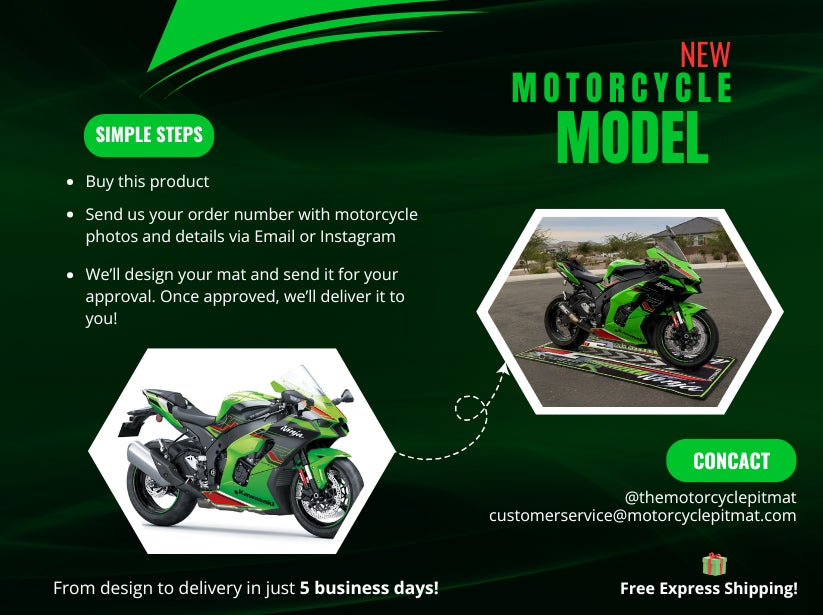 Promotional flyer for the Motorcycle Pit Mat featuring the New Motorcycle Model design. Instructions: 1) Purchase 2) Submit order number with photos 3) Approve design. Showcases a green motorcycle on a mat with contact info at bottom right. Express shipping available.