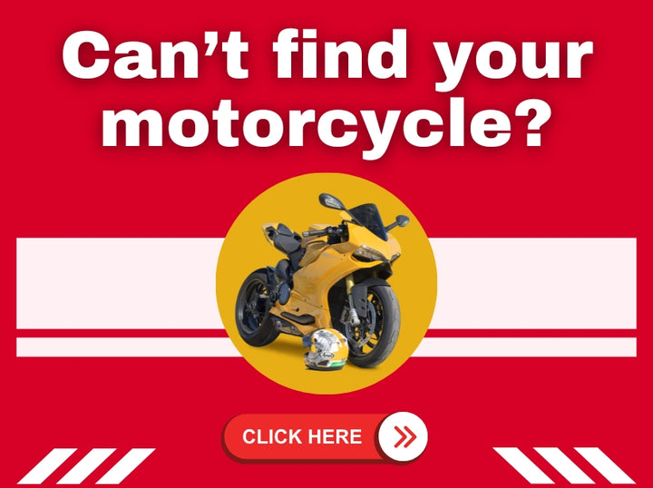 A striking red ad with white text, Cant find your motorcycle? showcases a yellow bike and helmet alongside a subtle nod to the Motorcycle Pit Mat. At the bottom, a red button reads Click Here with a right arrow.