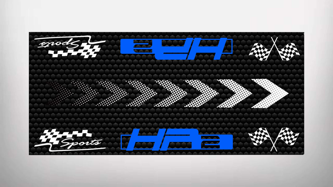 The Motorcycle Pit Mat for HP2 Sport features a stylish black surface with bold blue logos, distinctive flags, and white checkered arrow motifs in a striking blue and white pattern, making it ideal for any enthusiasts space.