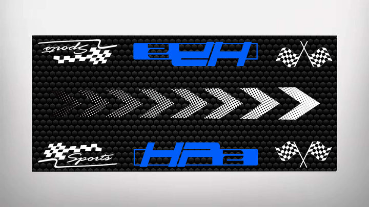 The Motorcycle Pit Mat for HP2 Sport features a stylish black surface with bold blue logos, distinctive flags, and white checkered arrow motifs in a striking blue and white pattern, making it ideal for any enthusiasts space.