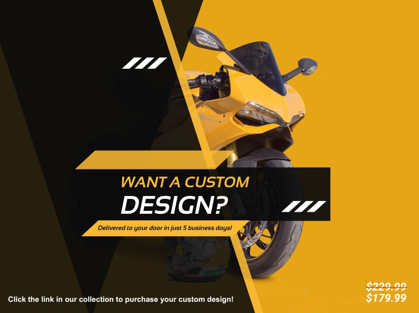 A yellow motorcycle is featured on a black and yellow background, showcasing the Motorcycle Pit Mats RS660 Special Design mat. Text says, Need a Custom Design? Get it at $179.99 (was $229.99) delivered in 5 business days!.