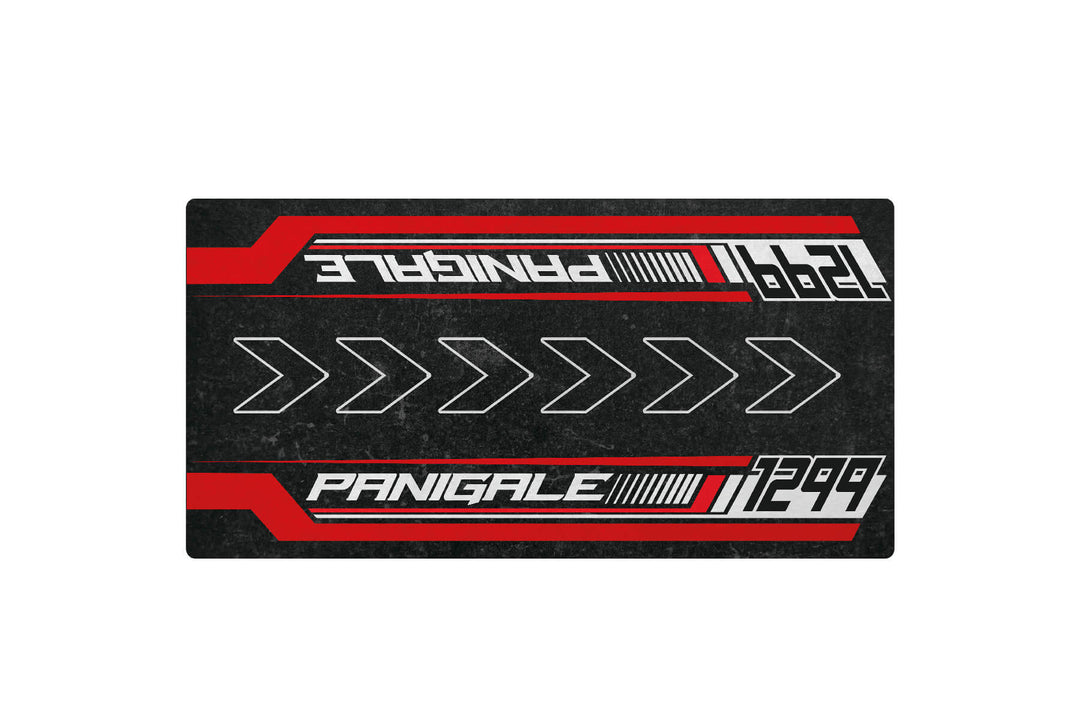 The Motorcycle Pit Mat for Panigale 1299 features sleek black, bold white and red graphics with Panigale 1299 printed twice, accented by red stripes and white arrow symbols, ideal for any motorcycle enthusiasts space.