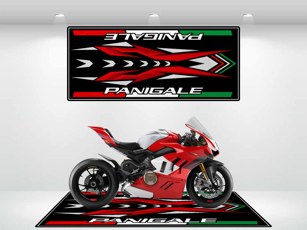 A red and white sport motorcycle sits on a Motorcycle Pit Mat featuring the Motorcycle Mat for Panigale (Special Design) text. A wall decoration echoes Panigale in an eye-catching design with red, black, and green accents.