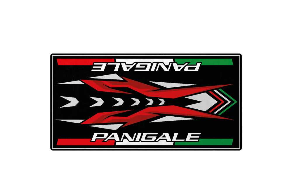 The Motorcycle Pit Mats Motorcycle Mat for Panigale (Special Design) showcases a rectangular design with stylized red and white geometric shapes, a central arrow, and Panigale in bold. Green, white, and red sections mirror vertically like the Italian flag to enhance any garage space.