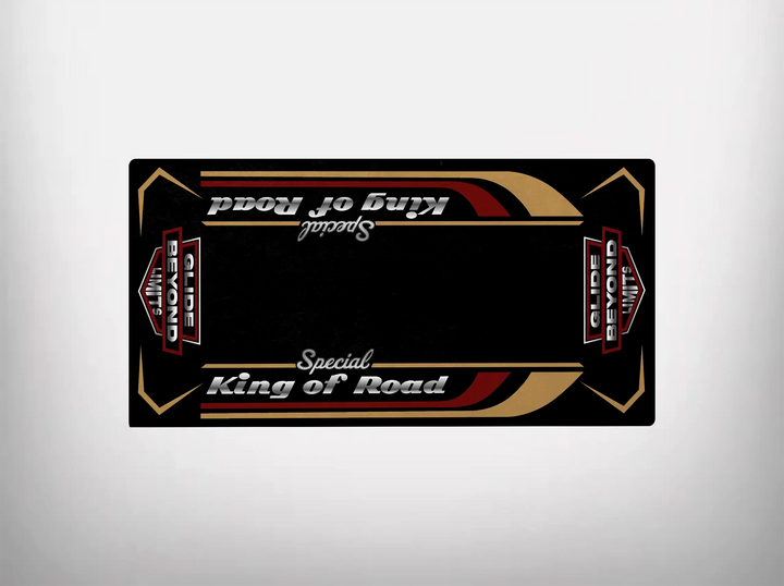 The Motorcycle Pit Mat for King of Road Special features King of Road in white cursive on black, reminiscent of Harley Davidson style, with red, beige, and white arrows pointing inward from the edges.