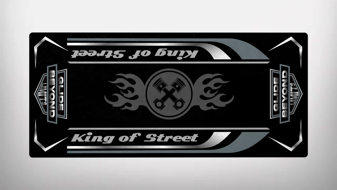 Motorcycle Pit Mats King of Street design features a black deck with the phrase in white, stylized text. A central emblem of crossed wrenches with flames is flanked by stripes, and Glide Beyond Limits text captures the Harley Davidson spirit.