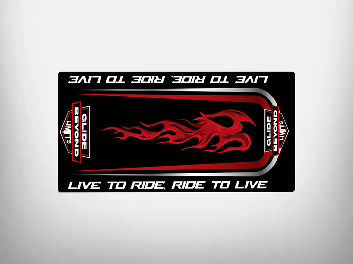 Banner with red flames on a black background, featuring Live to Ride, Ride to Live in white. Matches any Glide Beyond Limits mat and includes Clyde Bound Whip logos in red and black from Motorcycle Pit Mat.