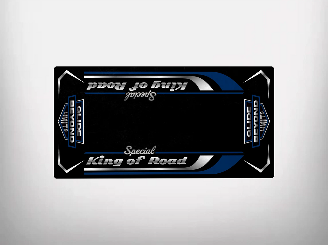 The Motorcycle Pit Mat features a rectangular design in black, blue, and white with Special King of Road and Slide Demons in stylized lettering. Inspired by Harley Davidson, this durable mat is positioned upside down against a plain white background.