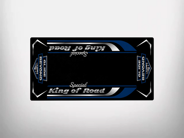 The Motorcycle Pit Mat features a rectangular design in black, blue, and white with Special King of Road and Slide Demons in stylized lettering. Inspired by Harley Davidson, this durable mat is positioned upside down against a plain white background.