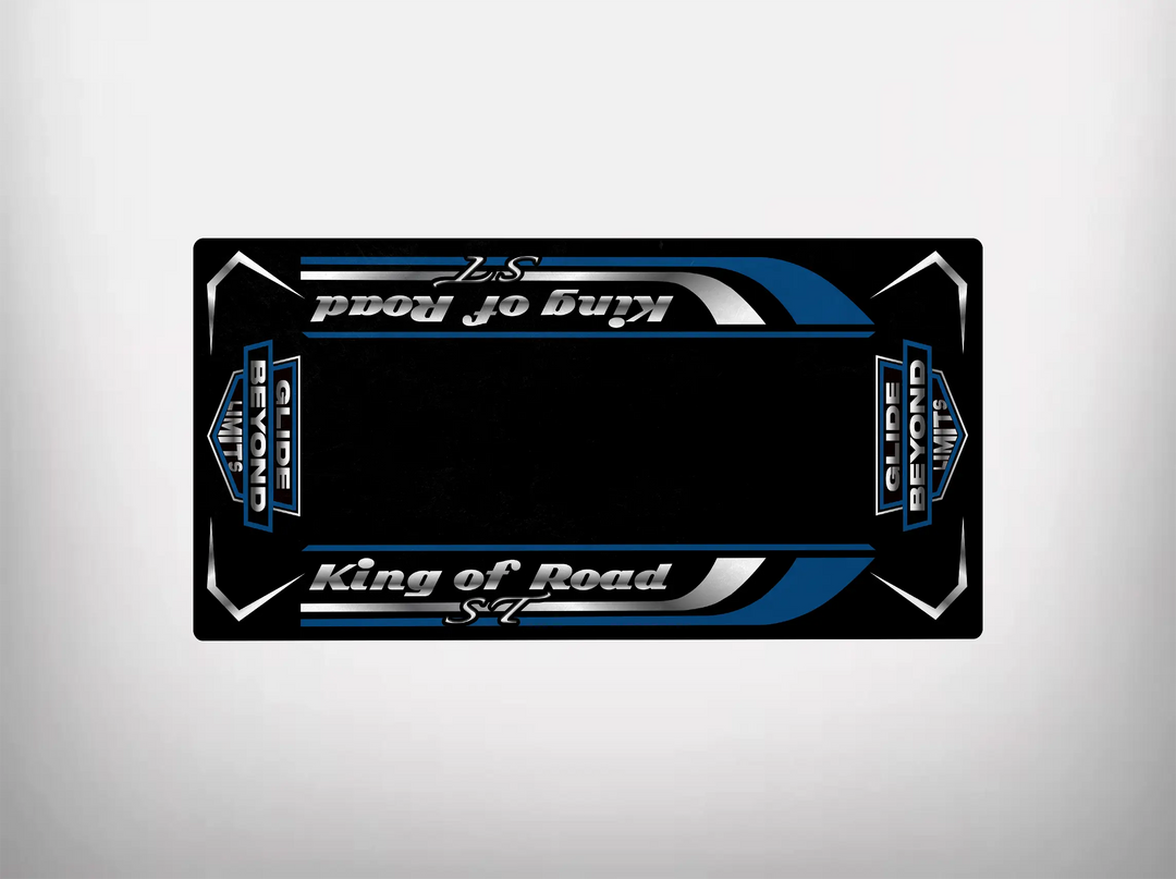 Image of a Motorcycle Pit Mat with a Road Glide ST design featuring blue accents, white text, and a Harley Davidson vibe. The symmetrical design includes decorative lines and arrows on a black mat, flipped upside down on a white background, highlighting its durable style.