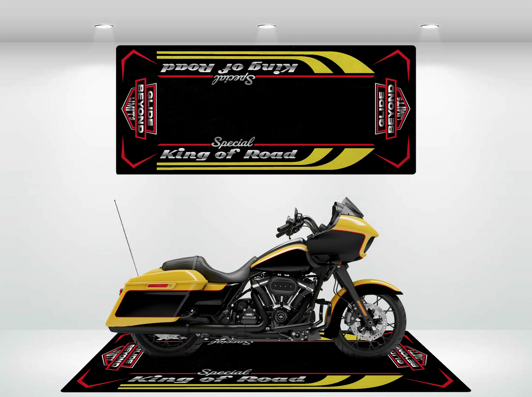 A yellow and black motorcycle is displayed indoors on a custom Motorcycle Pit Mat. The mat and banner feature bold red and black designs, reading Motorcycle Mat for Road Glide Special, ideal for the ultimate showcase.