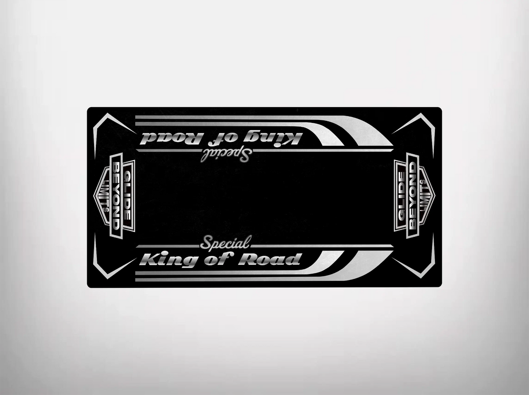 The Motorcycle Pit Mat boasts a black and white design with King of Road Special in a stylized font. Angular Harley-Davidson-inspired graphics adorn the sides, accompanied by the word Standard, styled to convey motorcycle mat vibes against a minimal background.