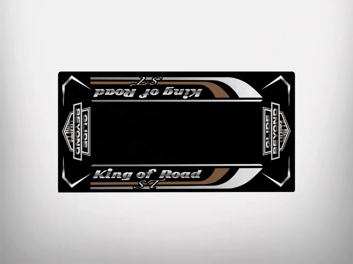 The black and white skateboard deck features King of Road and Santa Cruz text in brown and white, with geometric accents. It has a vintage style, offering durability reminiscent of the Motorcycle Pit Mats King of Road ST motorcycle mat.