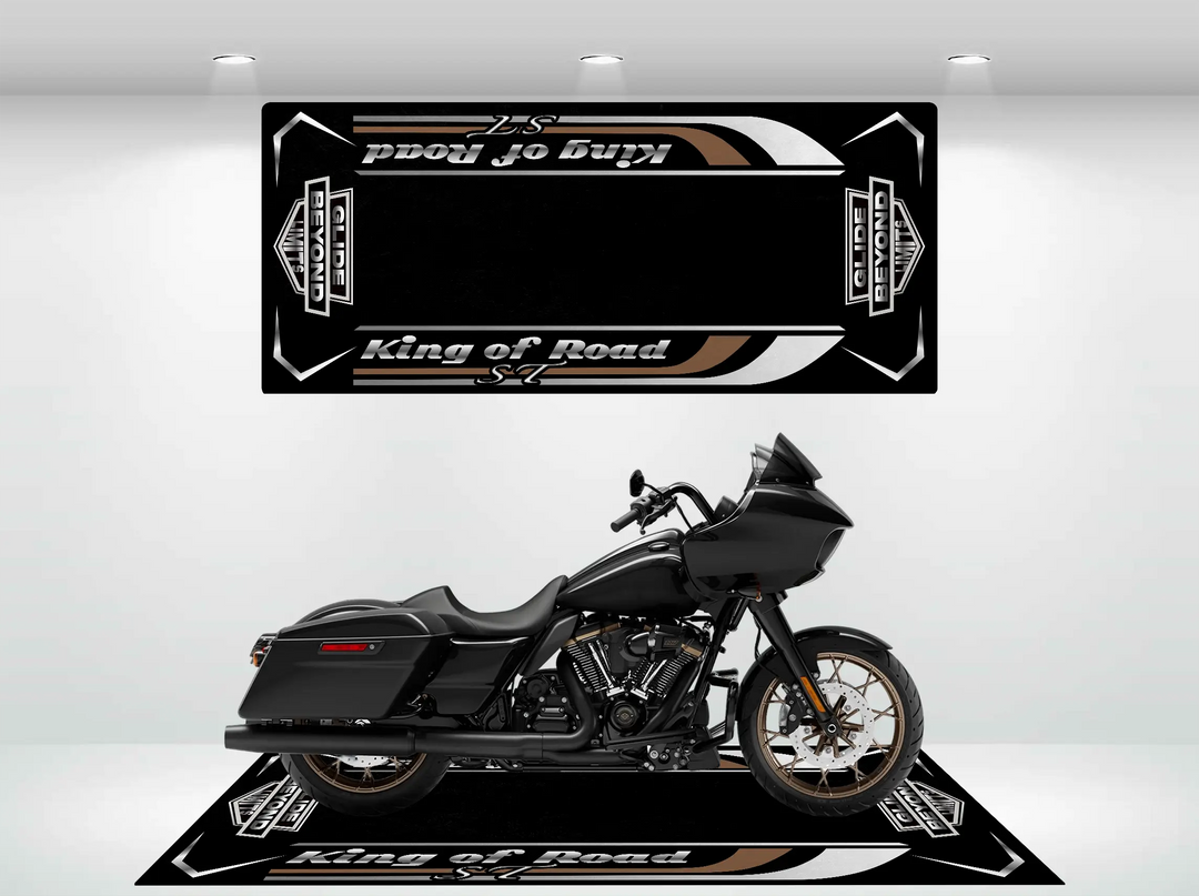 A black Harley Davidson motorcycle is showcased on a Motorcycle Pit Mats durable black Motorcycle Mat for Road Glide ST, featuring bold text and geometric patterns in black, white, and brown, with matching wall décor in an indoor showroom.