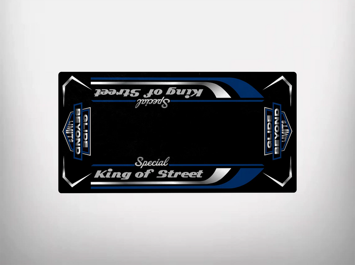 The image features a Harley Davidson black skateboard deck with white and blue accents, labeled Street Glide Special. The durable design is adorned with branding and graphic elements, similar to the Motorcycle Mat from Motorcycle Pit Mat.