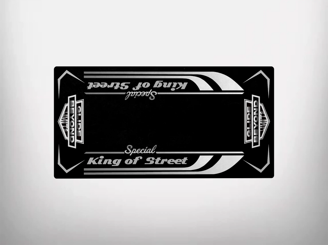 The Motorcycle Pit Mat Motorcycle Mat for King of Street Special features a rectangular design with black and white geometric patterns and Special King of Street text, inspired by Harley Davidson, to stylishly protect your vehicles interior.