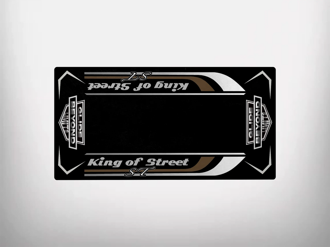 This black skateboard deck features a sleek white and gold geometric design with King of Street and S7 at both ends, mirroring the elegance of a Motorcycle Pit Mat against a plain white background. Designed for durability, it complements any setting effortlessly.