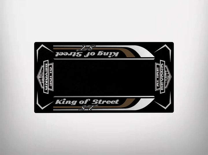 This black skateboard deck features a sleek white and gold geometric design with King of Street and S7 at both ends, mirroring the elegance of a Motorcycle Pit Mat against a plain white background. Designed for durability, it complements any setting effortlessly.