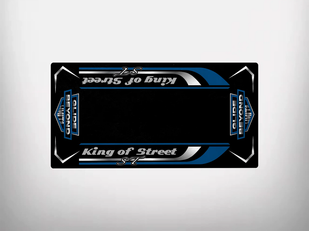 The Motorcycle Pit Mats Motorcycle Mat for King of Street ST offers a sleek, rectangular black design with blue and white detailing. Featuring King of Street and Demon Slide, its dynamic arrows mimic Harley Davidson style, blending aesthetics with durability.