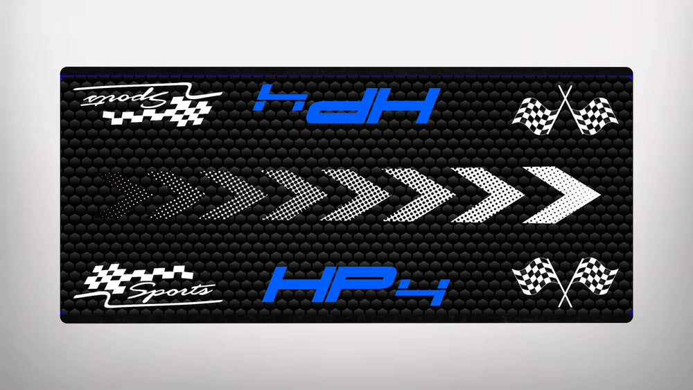 The Motorcycle Pit Mat for 1000RR HP4 boasts a textured black background with blue and white text. Featuring sports HP4 and white arrows pointing right, it emulates a sleek motorbike design. Checkered flags enhance its racing flair, perfect for upgrading your motorcycle floor area.