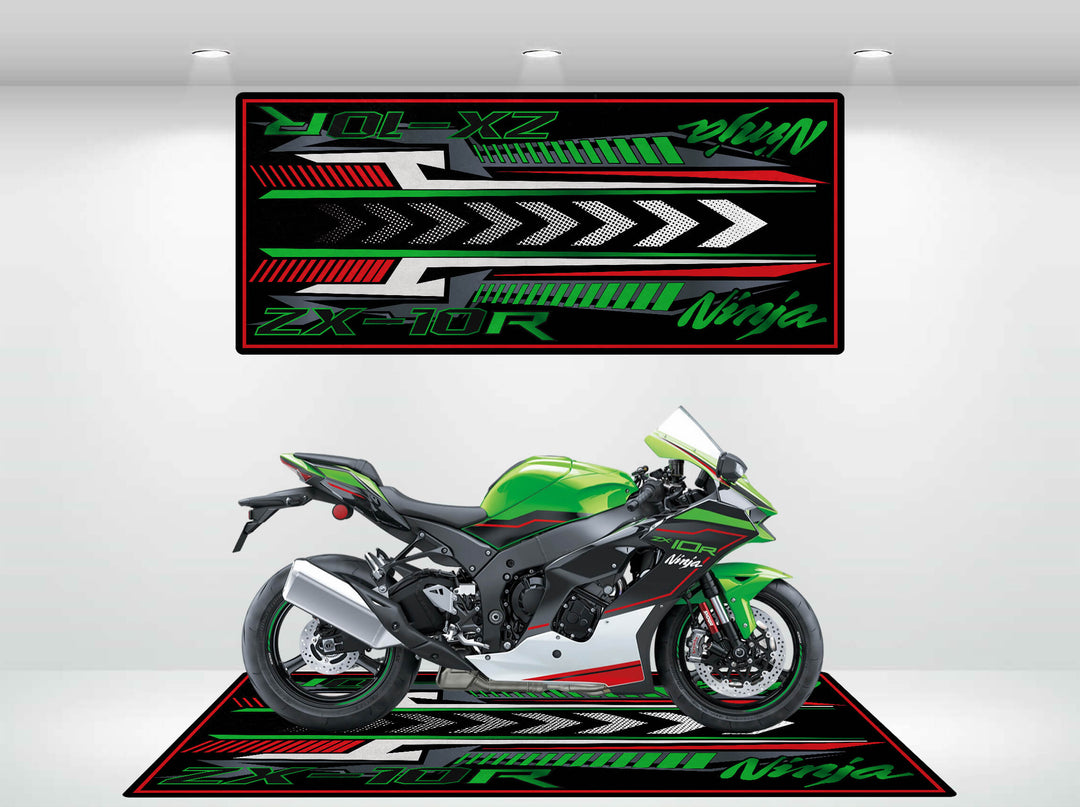 The green and black Kawasaki Ninja ZX-10R sits on a vibrant Motorcycle Pit Mat with matching patterns and branding, creating a cohesive display under bright lights.