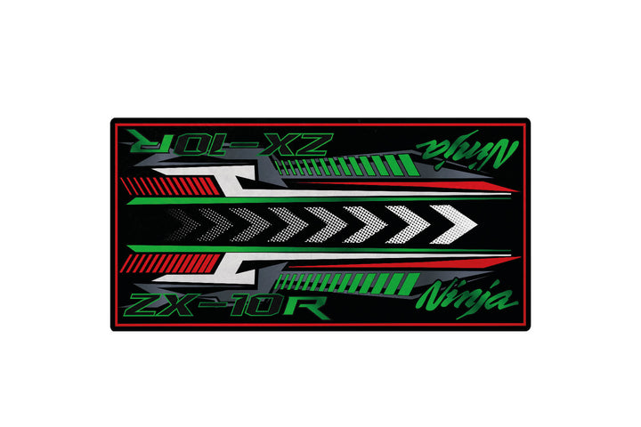 This Motorcycle Pit Mat for the Kawasaki Ninja ZX-10R features a dynamic design with stylized green and red arrows pointing right and bold ZX-10R and Ninja text on a black background, ideal for any motorcycle garage.