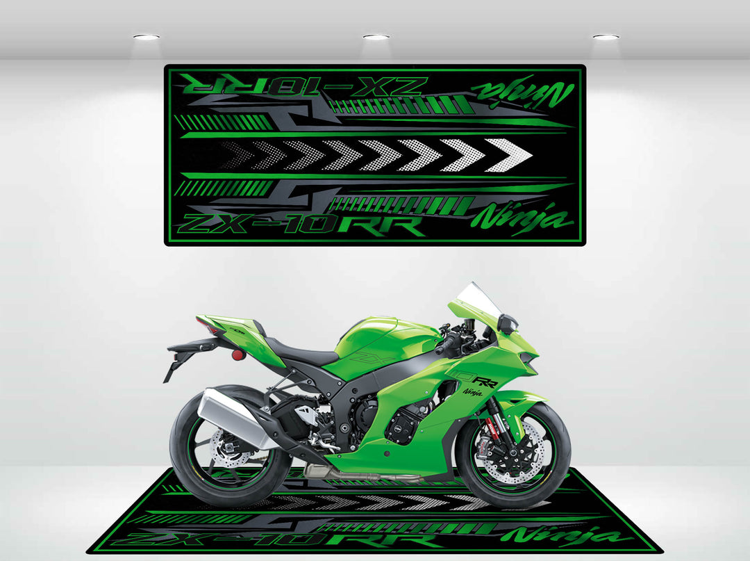 A green sport motorcycle is showcased on a matching themed platform with graphic designs and ZX-10RR Ninja text in black and green, complemented by a sleek Motorcycle Mat for Kawasaki Ninja ZX-10RR from Motorcycle Pit Mat that enhances the overall presentation.