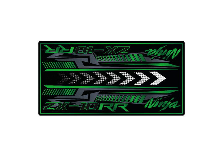 A Motorcycle Pit Mat for the Kawasaki Ninja ZX-10RR features a graphic design with green, black, and white colors. Chevron patterns point right, showcasing ZX-10RR and Ninja in stylized fonts—ideal for complementing your bikes style.