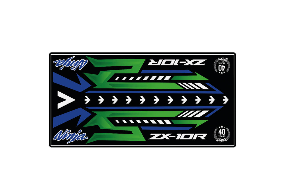 The Motorcycle Pit Mat for Ninja ZX-10R 40th Anniversary features a dynamic design with Ninja and ZX-10R text, showcasing blue, green, and black geometric patterns, white arrows, and circular badges reading 40 Years Super Bike, all on a sleek black background.