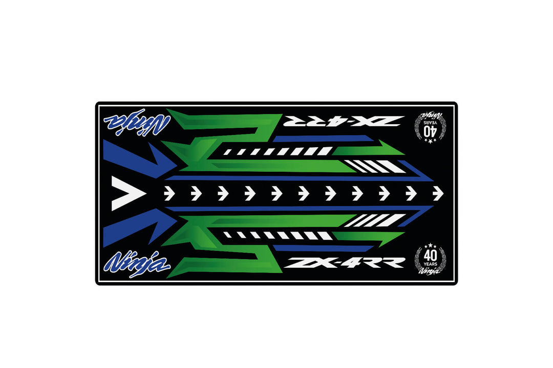 The Motorcycle Pit Mat—Motorcycle Mat for Ninja ZX-4RR 40th Anniversary—is adorned with a black decal featuring green and blue geometric patterns, white arrows, Ninja ZX-4RR text, and 40th anni on the side, perfect for adding flair to your motorcycle garage.