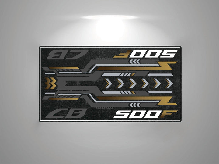 Add flair to your ride with a car decal featuring modern angular designs in gray, gold, and black along with numbers 87 and 005 on the left and CB and 500F on the right. Its perfect for pairing with a Motorcycle Pit Mat for Honda CB500F motorcycle floor mat.