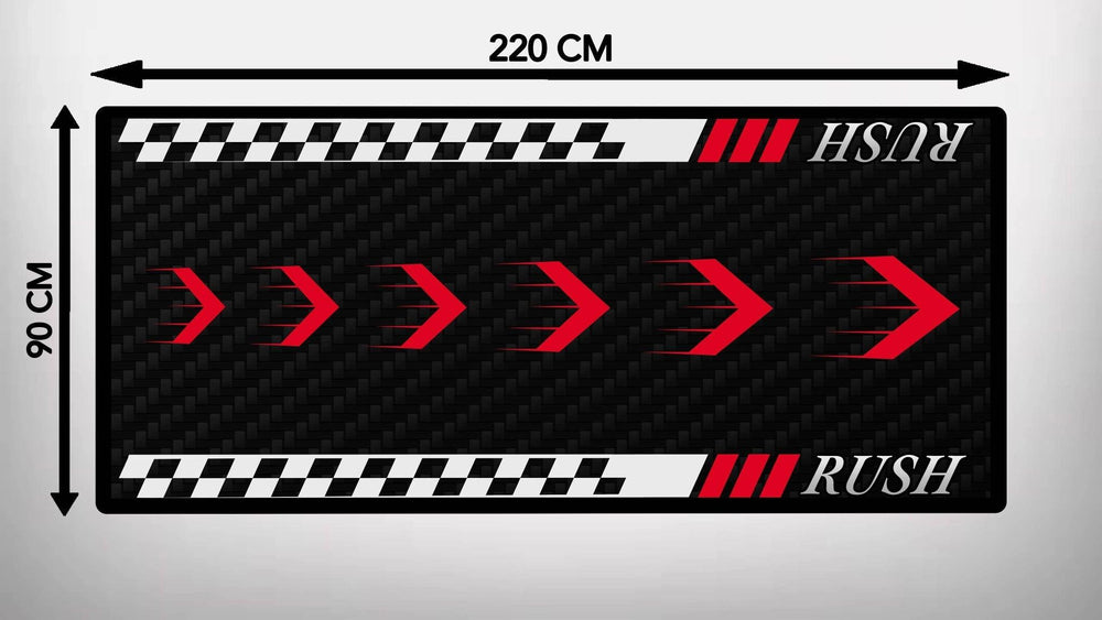 The Motorcycle Pit Mat for MV Agusta Rush is a 220 cm x 90 cm rectangular garage mat with a black carbon fiber design, red right-pointing arrows, RUSH at both ends, and a black and white checkered border. Ideal for your bike setup.