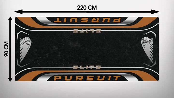 The Motorcycle Pit Mat for Indian Pursuit Elite features eagle head designs in brown and white on a black background. Measuring 220 cm by 90 cm, its ideal for motorcycle garages, providing ample coverage and protection.