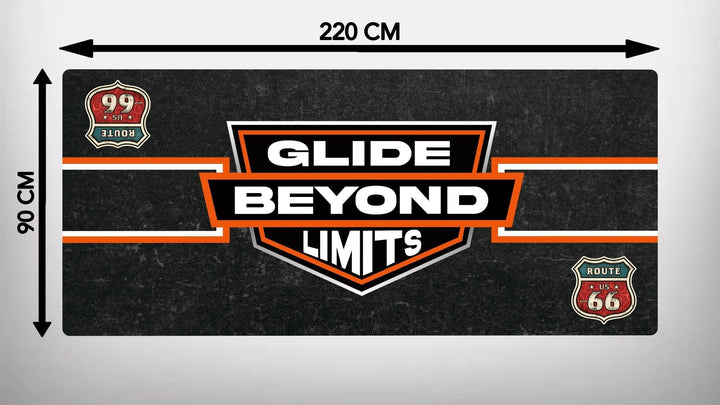 The Motorcycle Pit Mat, branded as Motorcycle Mat for Harley Universal, features a large 220x90 cm black banner with Glide Beyond Limits in bold white and orange letters. It captures the Route 99 and Route 66 essence, perfectly complementing any motorbike setup.