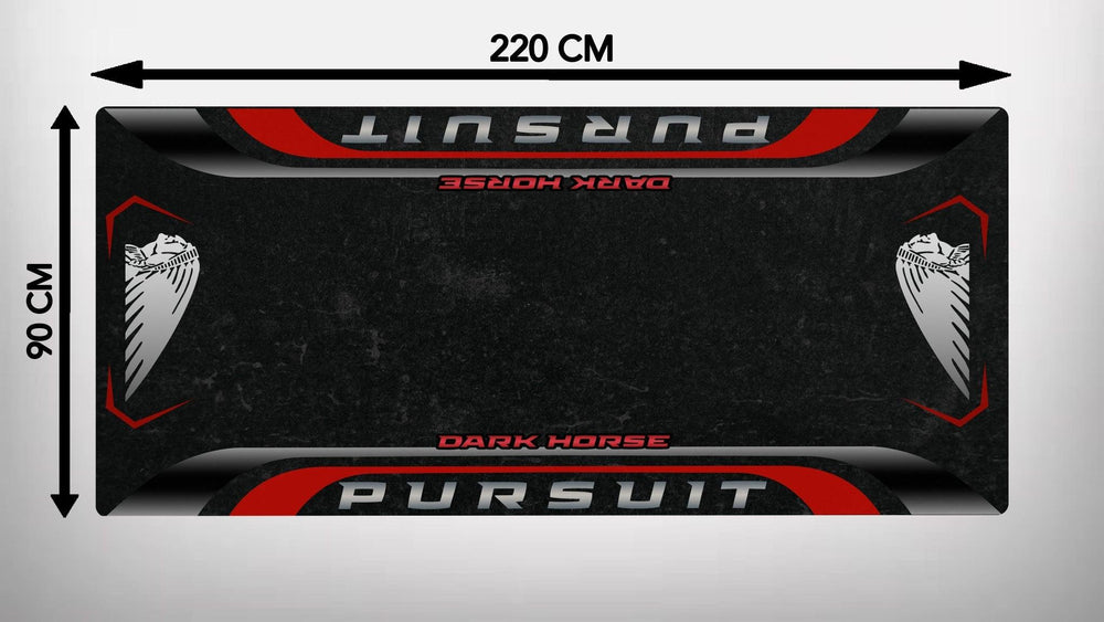 The Motorcycle Pit Mat for Indian Pursuit Dark Horse is a 220 cm by 90 cm rectangular mat with bold eagle graphics, featuring Pursuit and Dark Horse in red and gray on a dark background, perfect for enhancing any motorcycle garage.