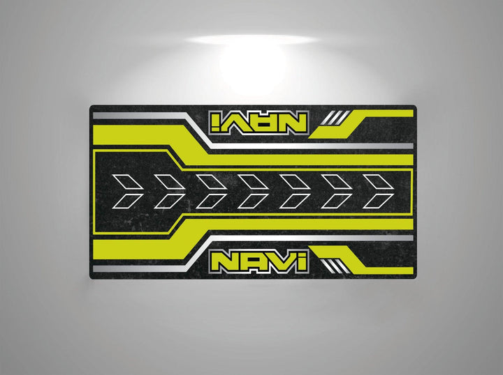 A rectangular gaming mouse pad, similar to the Motorcycle Mat for Honda Navi by Motorcycle Pit Mat, features a yellow, black, and white geometric design. NAVI is displayed twice in bold yellow on black with stylized arrows pointing inward and illuminated from above.