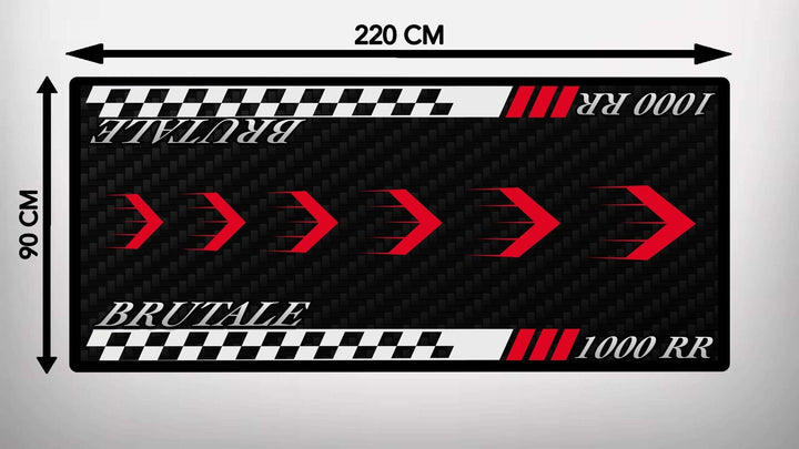 Rectangular black Motorcycle Pit Mat, featuring red arrows, a checkered pattern, and BRUTALE 1000 RR text on both ends. Dimensions: 220 CM x 90 CM.