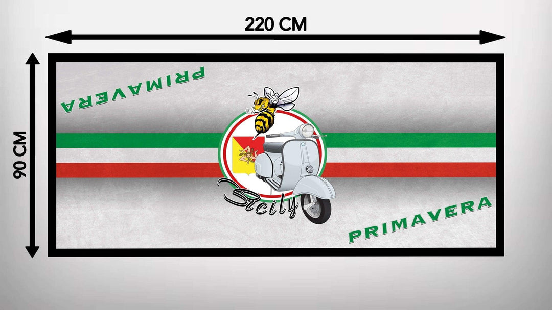 Illustration of the Motorcycle Pit Mat, measuring 220 cm by 90 cm. Its a perfect Vespa Primavera motorbike mat with a vintage scooter on an Italian flag backdrop, featuring Sicily, Primavera, and a bee, ideal for any motorcycle enthusiasts space.