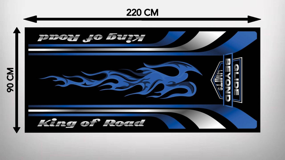 The Motorcycle Mat for Harley King of Road by Motorcycle Pit Mat features a 220CM x 90CM rectangular design with a central blue flame, King of Road at the top, and Glide Beyond Limits on the right, in black, blue, and white—ideal for your motorcycle garage.