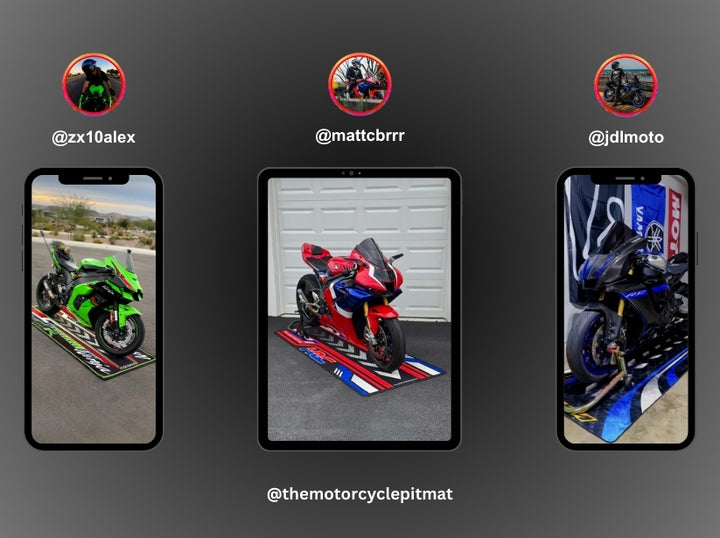 Three smartphone screens feature motorcycles from @zx10alex, @mattcbrrr, and @jdlmoto, each with unique designs and colors. The phones lie on a gray background centered around @themotorcyclepitmat with the Motorcycle Pit Mats Motorcycle Mat for RS660 (Special Design) theme.