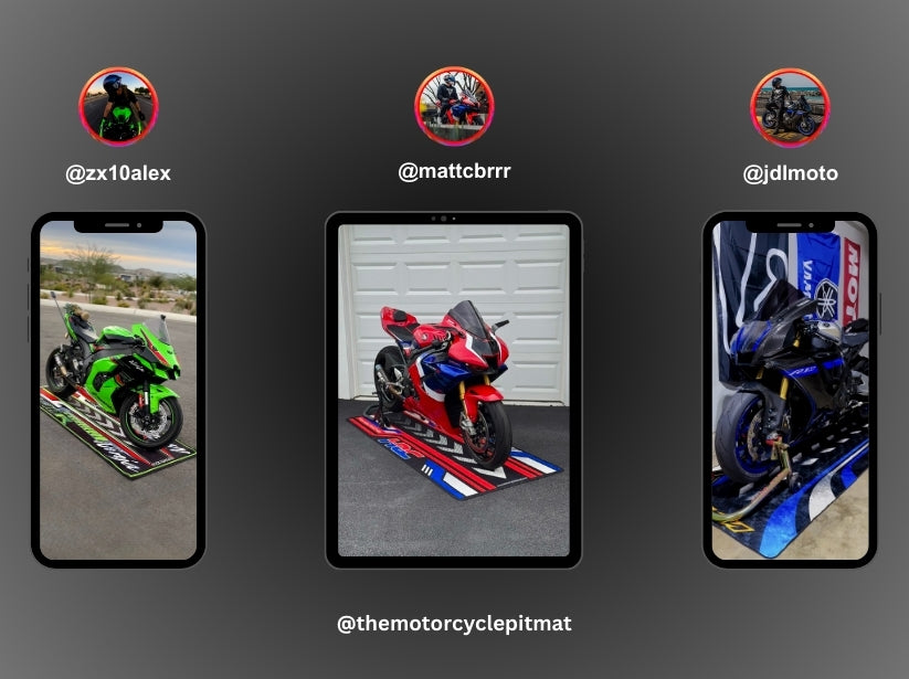 Three smartphones showcase motorcycles on a Motorcycle Mat for Indian Pursuit Dark Horse. The first displays a green bike, the second a red and blue bike, and the third a black bike. Usernames appear above each bike, with @themotorcyclepitmat prominently displayed below.