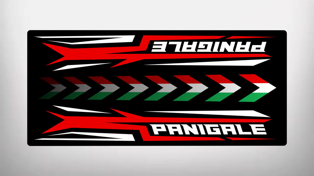 The Motorcycle Mat for Panigale by Motorcycle Pit Mat features a rectangular design with Panigale in red and white on black, plus red and green chevron patterns. Its a stylish addition to any motorcycle garage setup.