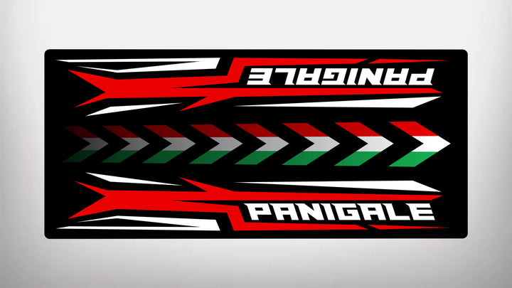 The Motorcycle Mat for Panigale by Motorcycle Pit Mat features a rectangular design with Panigale in red and white on black, plus red and green chevron patterns. Its a stylish addition to any motorcycle garage setup.