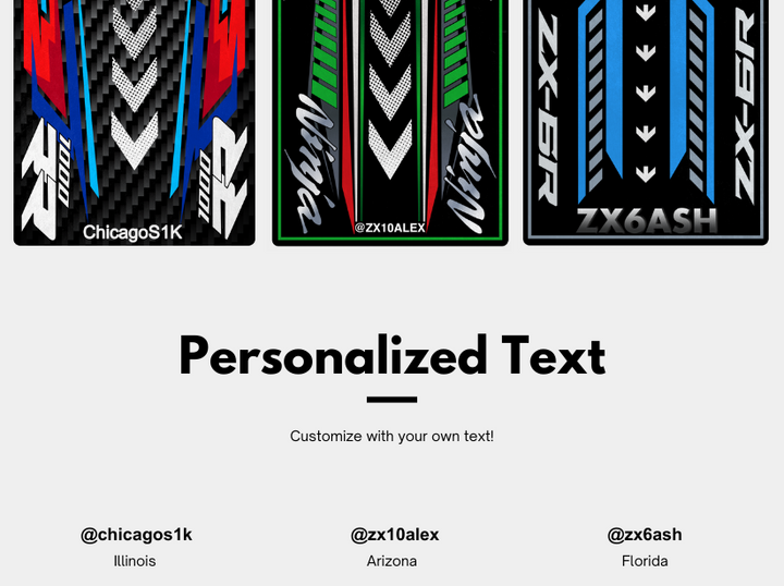 Three customizable skateboard decks featuring vibrant geometric designs with labels @chicagos1k, @zx10alex, and @zx6ash are tagged in Illinois, Arizona, and Florida. Add a personal touch with a design inspired by the Motorcycle Mat for Scrambler from Motorcycle Pit Mat!.